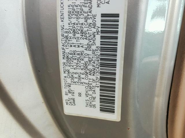 4T3ZF13C42U492158 - 2002 TOYOTA SIENNA LE SILVER photo 10