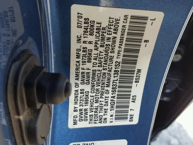 1HGFA16837L138152 - 2007 HONDA CIVIC EX BLUE photo 10