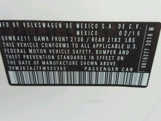 3VW2K7AJ7FM303363 - 2015 VOLKSWAGEN JETTA BASE WHITE photo 10