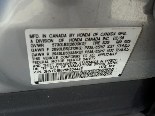 2HNYD18826H534445 - 2006 ACURA MDX TOURIN SILVER photo 10