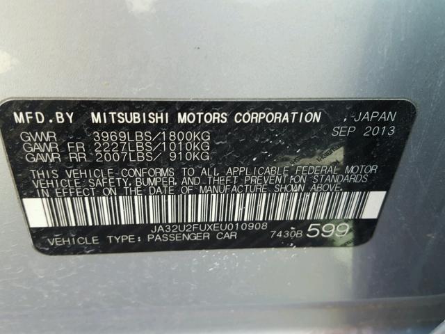 JA32U2FUXEU010908 - 2014 MITSUBISHI LANCER ES/ SILVER photo 10