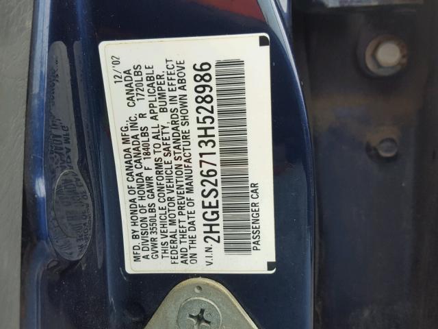 2HGES26713H528986 - 2003 HONDA CIVIC EX BLUE photo 10