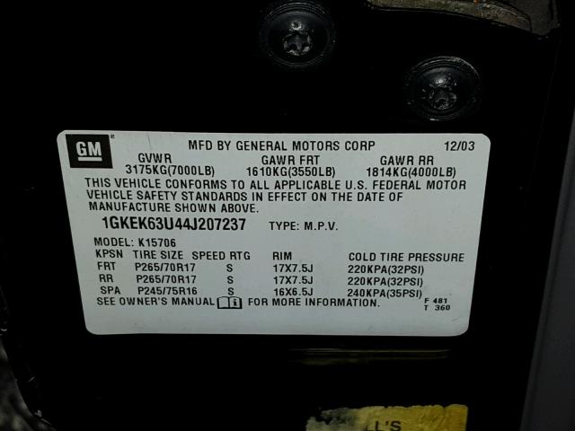 1GKEK63U44J207237 - 2004 GMC YUKON DENA BLACK photo 10