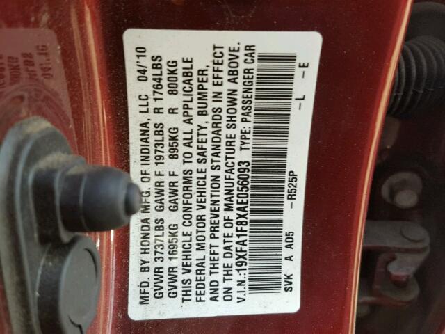19XFA1F8XAE056093 - 2010 HONDA CIVIC EX Qırmızı foto 10