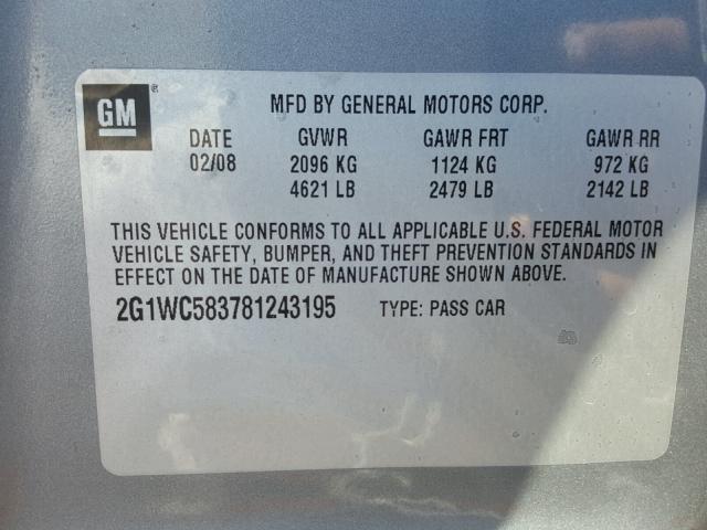 2G1WC583781243195 - 2008 CHEVROLET IMPALA LT GRAY photo 10