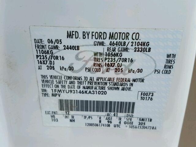 1FMYU93146KA31020 - 2006 FORD ESCAPE XLT WHITE photo 10