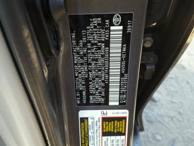 4T4BF1FK8DR336498 - 2013 TOYOTA CAMRY L CHARCOAL photo 10