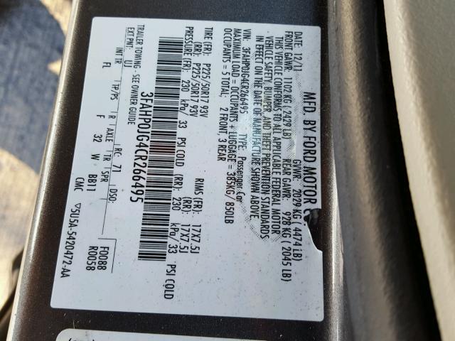 3FAHP0JG4CR266495 - 2012 FORD FUSION SEL GRAY photo 10