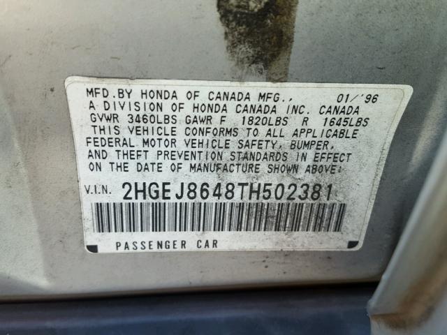 2HGEJ8648TH502381 - 1996 HONDA CIVIC EX ვერცხლისფერი ფოტო 10