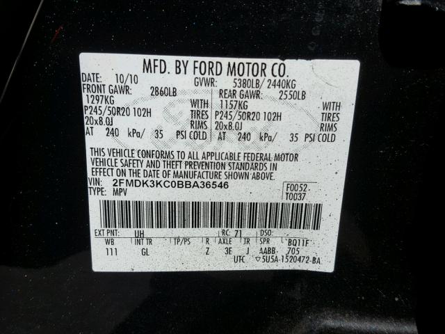 2FMDK3KC0BBA36546 - 2011 FORD EDGE LIMIT BLACK photo 10