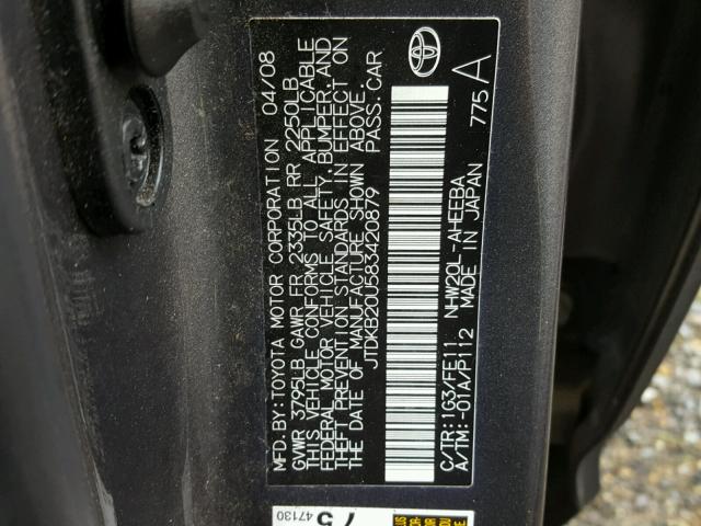 JTDKB20U583420879 - 2008 TOYOTA PRIUS GRAY photo 10