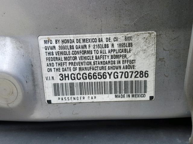 3HGCG6656YG707286 - 2000 HONDA ACCORD LX SILVER photo 10