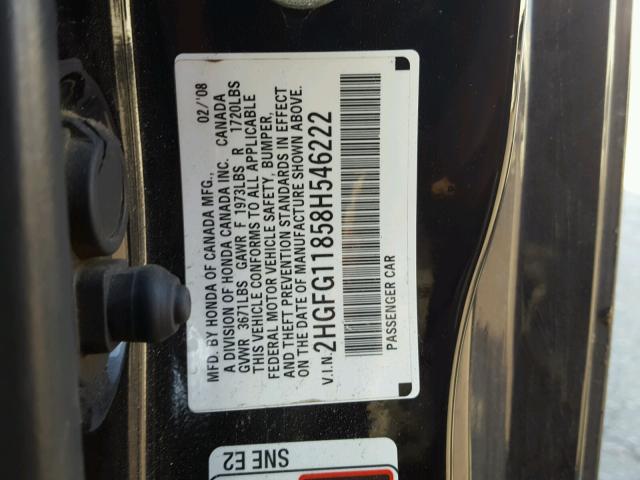 2HGFG11858H546222 - 2008 HONDA CIVIC EX შავი ფოტო 10