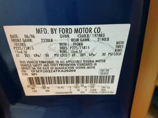 1FMYU02Z47KA29269 - 2007 FORD ESCAPE XLS BLUE photo 10