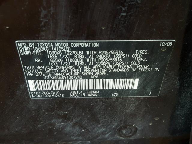 JTLKE50E891087242 - 2009 TOYOTA SCION XB BURGUNDY photo 10