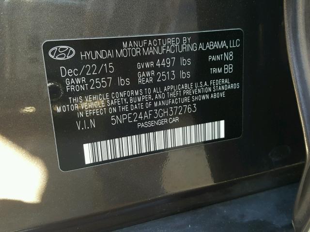 5NPE24AF3GH372763 - 2016 HYUNDAI SONATA SE CHARCOAL photo 10