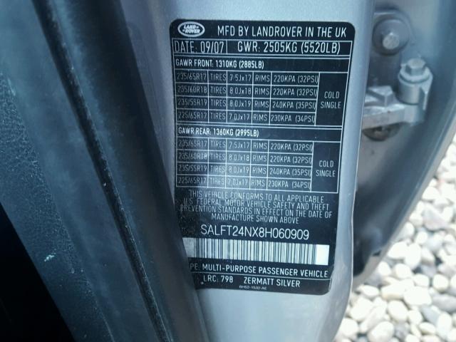 SALFT24NX8H060909 - 2008 LAND ROVER LR2 HSE TE SILVER photo 10
