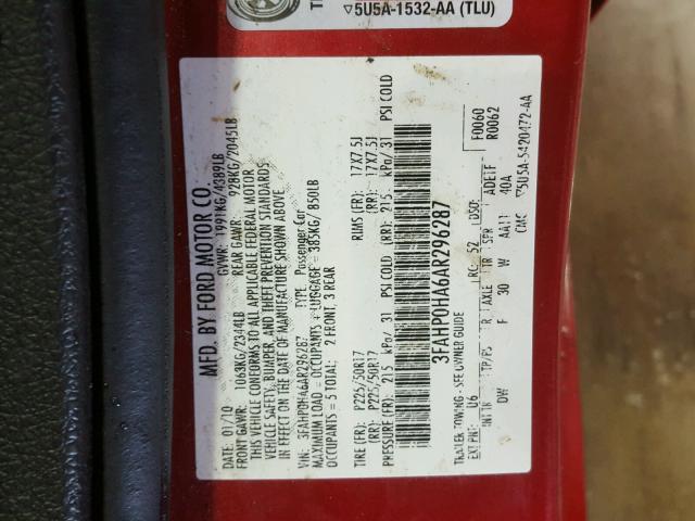 3FAHP0HA6AR296287 - 2010 FORD FUSION SE RED photo 10