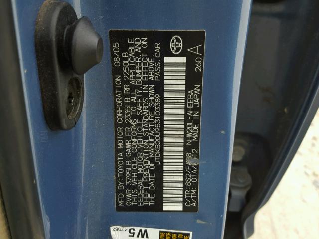 JTDKB20U953103389 - 2005 TOYOTA PRIUS BLUE photo 10