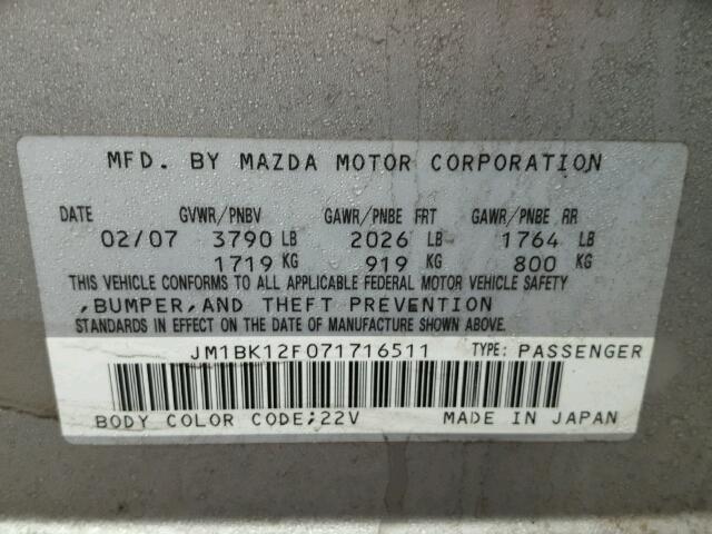 JM1BK12F071716511 - 2007 MAZDA 3 I SILVER photo 10