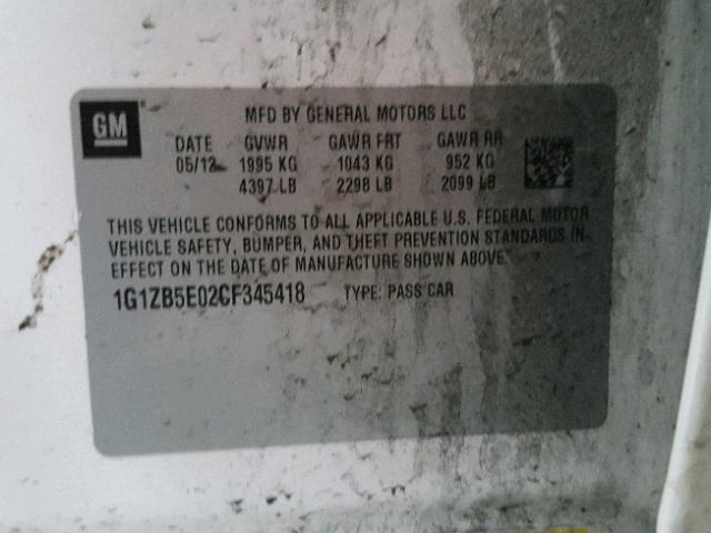 1G1ZB5E02CF345418 - 2012 CHEVROLET MALIBU LS თეთრი ფოტო 10
