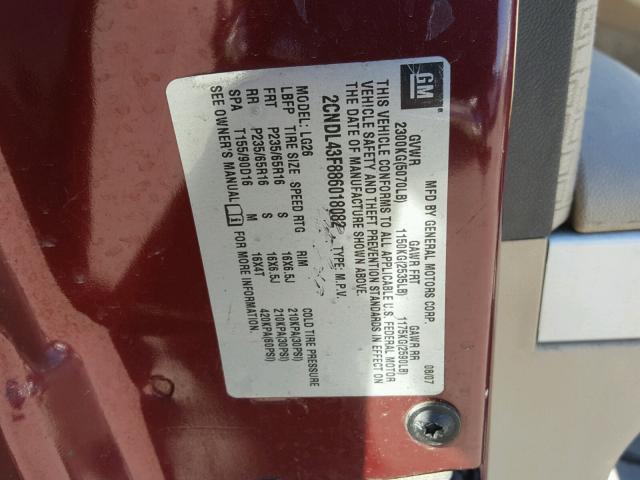 2CNDL43F886018082 - 2008 CHEVROLET EQUINOX LT RED photo 10