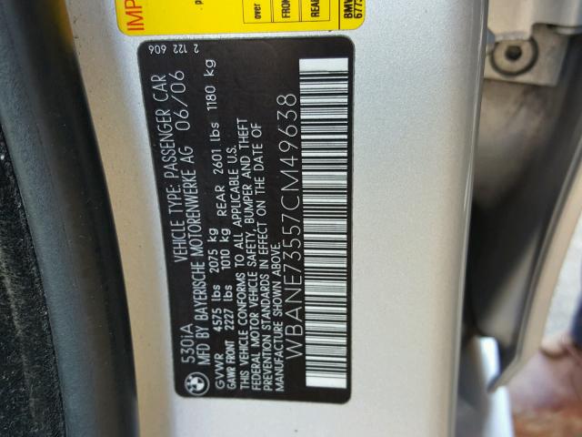 WBANE73557CM49638 - 2007 BMW 530 I SILVER photo 10