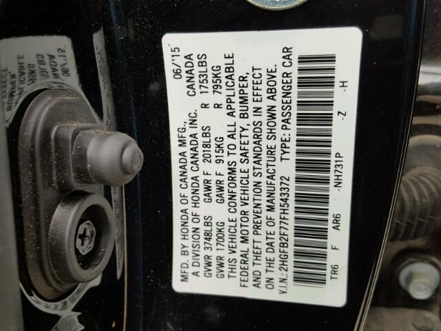 2HGFB2F77FH543372 - 2015 HONDA CIVIC SE BLACK photo 10