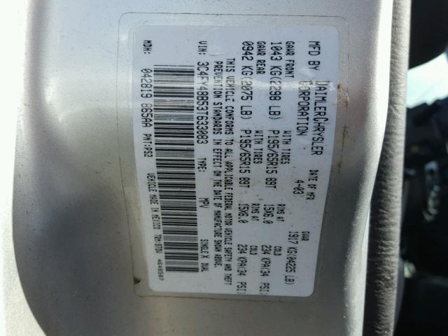 3C4FY48B53T633083 - 2003 CHRYSLER PT CRUISER SILVER photo 10