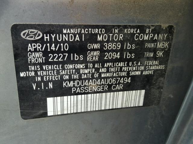 KMHDU4AD4AU067494 - 2010 HYUNDAI ELANTRA BL GRAY photo 10