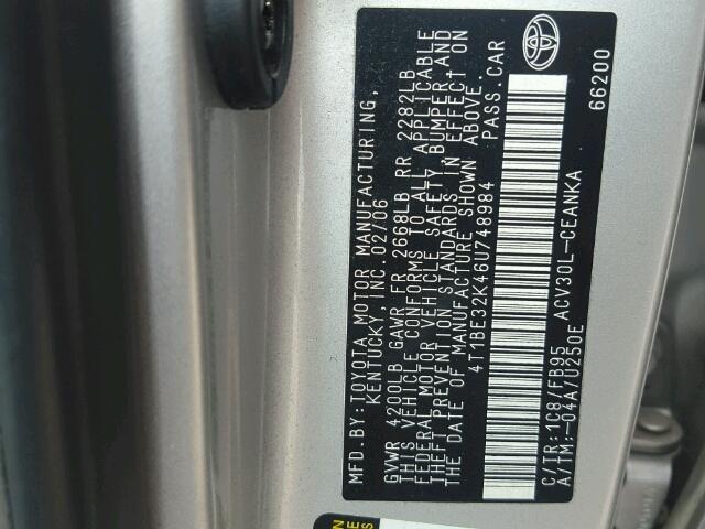 4T1BE32K46U748984 - 2006 TOYOTA CAMRY LE SILVER photo 10
