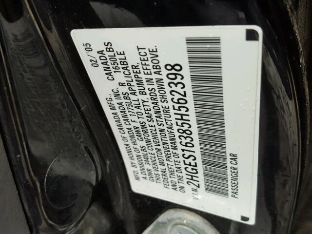 2HGES16385H562398 - 2005 HONDA CIVIC DX V BLACK photo 10