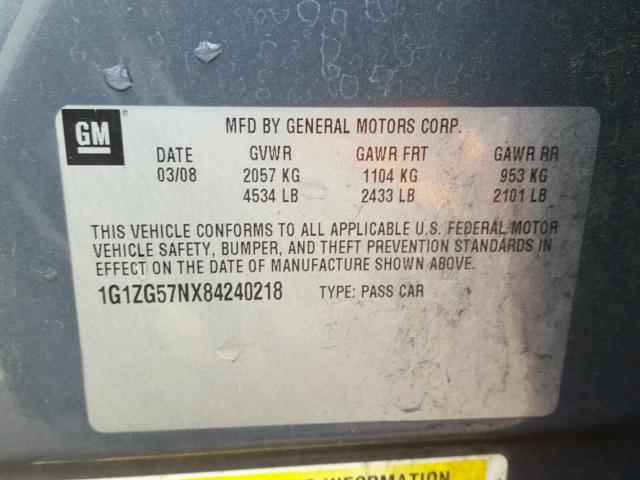 1G1ZG57NX84240218 - 2008 CHEVROLET MALIBU LS ნაცრისფერი ფოტო 10