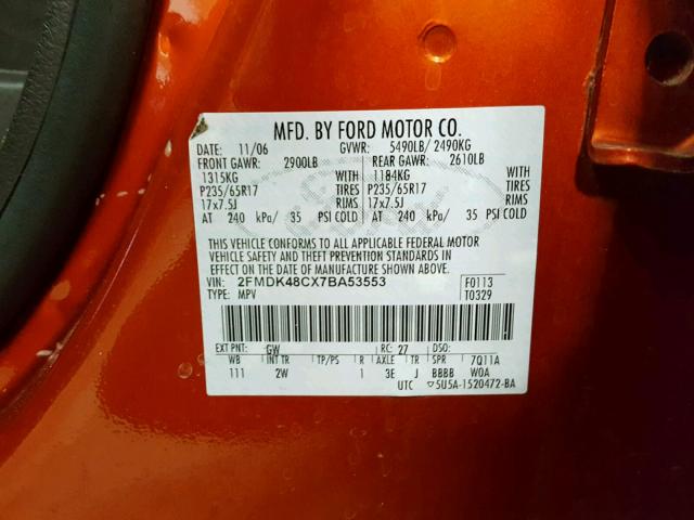 2FMDK48CX7BA53553 - 2007 FORD EDGE SEL ORANGE photo 10