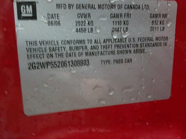 2G2WP552061308803 - 2006 PONTIAC GRAND PRIX RED photo 10