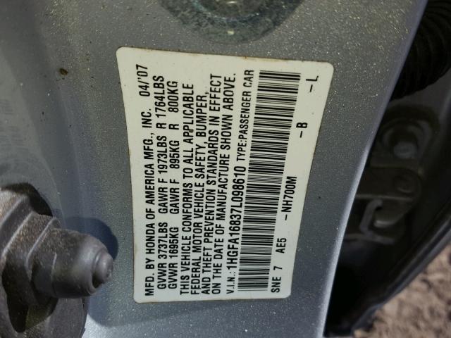 1HGFA16837L098610 - 2007 HONDA CIVIC EX SILVER photo 10