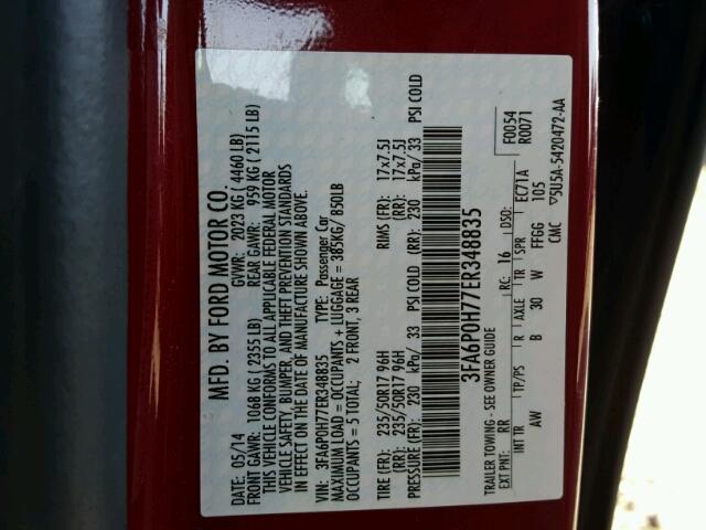 3FA6P0H77ER348835 - 2014 FORD FUSION SE RED photo 10