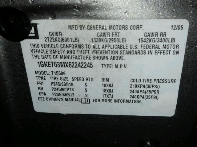 1GKET63MX62242245 - 2006 GMC ENVOY DENA SILVER photo 10