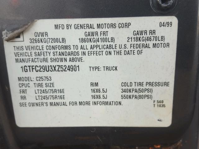 1GTFC29U3XZ524901 - 1999 GMC NEW SIERRA GRAY photo 10