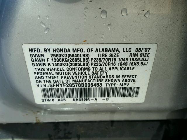 5FNYF28578B006453 - 2008 HONDA PILOT EXL SILVER photo 10