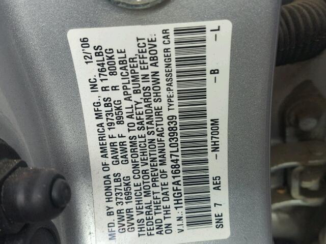 1HGFA16847L039839 - 2007 HONDA CIVIC EX SILVER photo 10