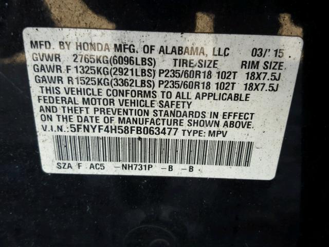 5FNYF4H58FB063477 - 2015 HONDA PILOT EXL GRAY photo 10