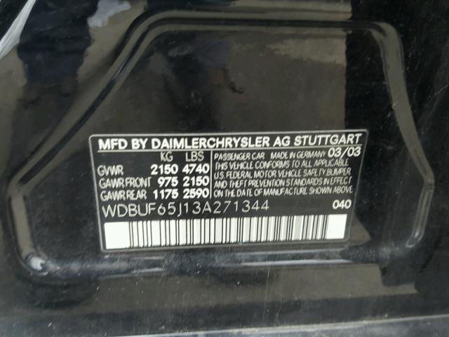 WDBUF65J13A271344 - 2003 MERCEDES-BENZ E 320 BLACK photo 10