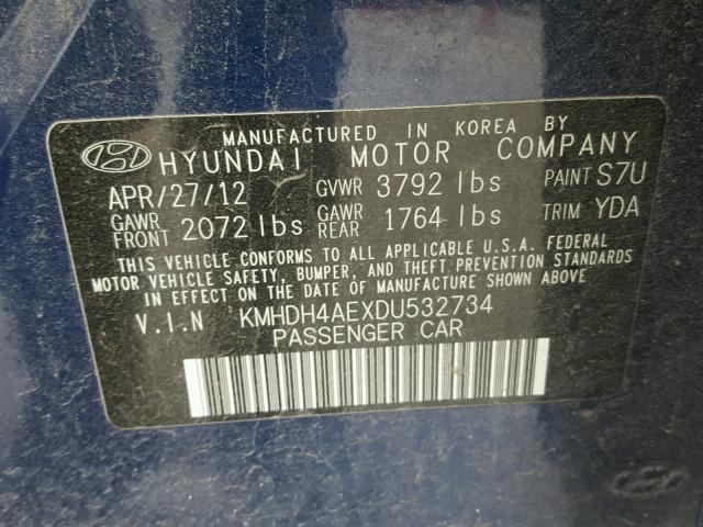 KMHDH4AEXDU532734 - 2013 HYUNDAI ELANTRA GL BLUE photo 10