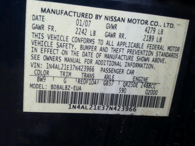 1N4AL21E37N423966 - 2007 NISSAN ALTIMA 2.5 BLUE photo 10