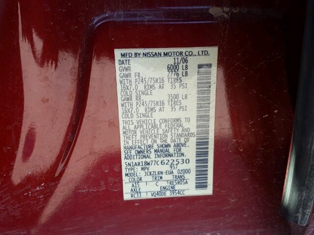 5N1AR18W77C622530 - 2007 NISSAN PATHFINDER BURGUNDY photo 10