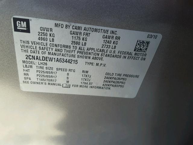 2CNALDEW1A6344215 - 2010 CHEVROLET EQUINOX LT GRAY photo 10