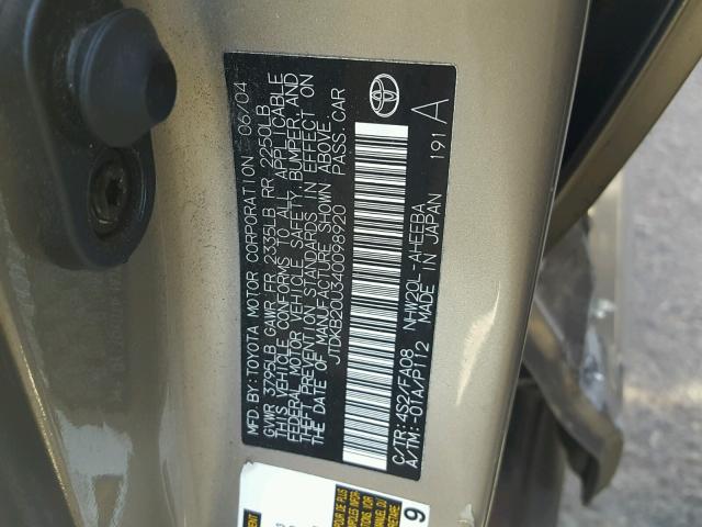 JTDKB20U340098920 - 2004 TOYOTA PRIUS GOLD photo 10