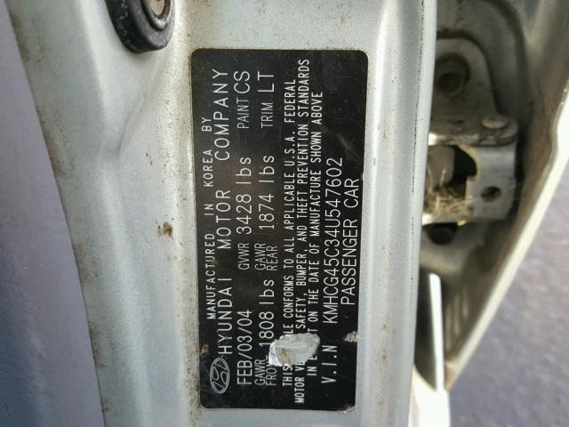 KMHCG45C34U547602 - 2004 HYUNDAI ACCENT GL GRAY photo 10