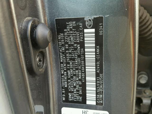 4T4BE46K09R107194 - 2009 TOYOTA CAMRY BASE GRAY photo 10